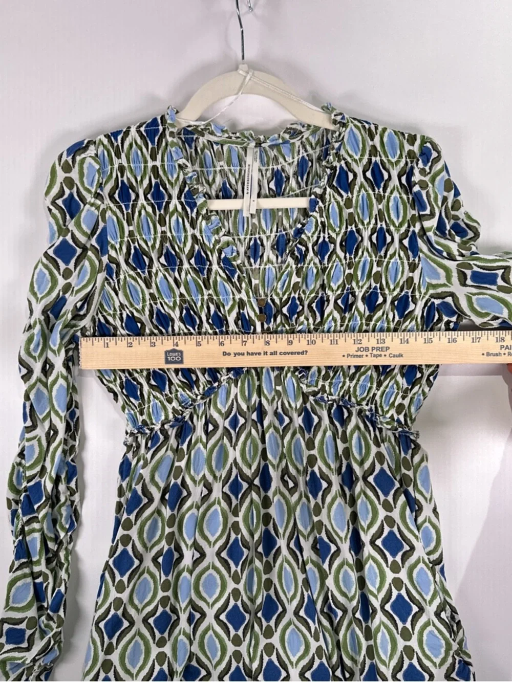 By Anthropologie Ruffle Mini Dress Smocked Long Sleeve Ikat Blue Green S - Picture 12 of 14